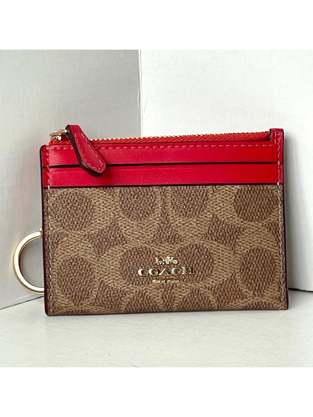 Coach CW870 Mini Skinny ID Case Red Carnation Signature Canvas Keyring